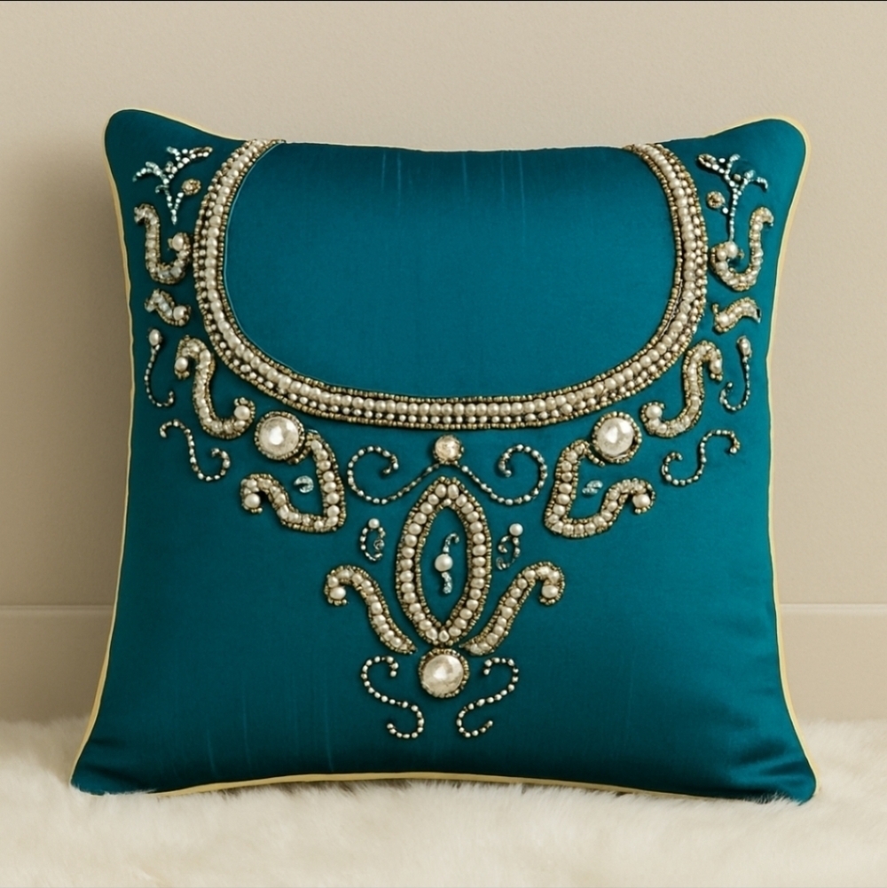 Teal Silk Beaded Accent Pillow with Rhinestone Embroidery Cushion